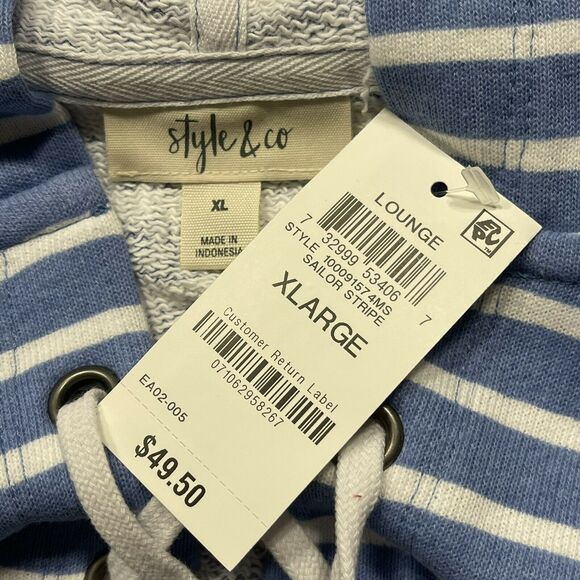 Style & Co X-Large Hooded Sweatshirt 3/4 Sleeve Lace-Up Neck Hi-Low Striped - Picture 7 of 9